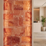 A decorative wall panel made of rectangular polished stone tiles in warm copper, terracotta, and orange-brown tones, shown installed in an interior hallway with a reception desk and potted plants visible in the background.
