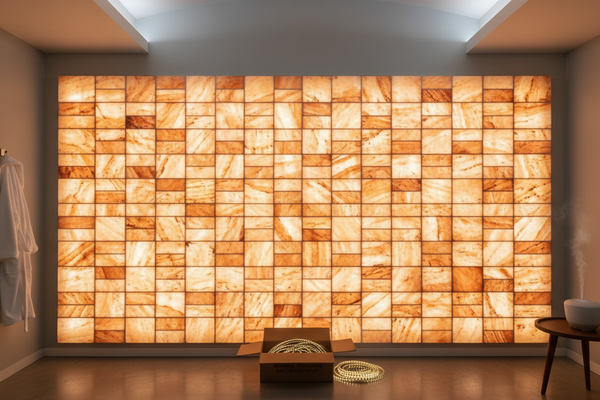 Pink Salt Wall 5×4 ft – 20 Sq Ft Himalayan Salt Bricks Kit with LED Lights & Adhesive