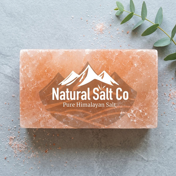A rectangular bar of Natural Salt Co Pure Himalayan Salt, Brick showing its characteristic pinkish-orange color and white logo, styled on a gray slate background with a green eucalyptus sprig.