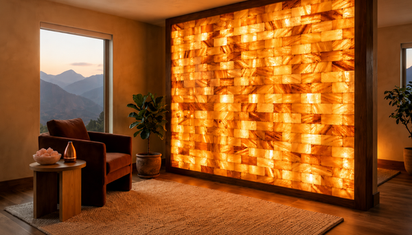 A large wall-mounted salt lamp kiln glowing with warm golden light in a modern living room setting, with an armchair, side table, plants, and mountain view windows in the background.