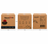 Three views of a Natural Salt Co. Pure Himalayan Salt box, showing the front, back, and side panels with dimensions marked as 14 cm by a white background.