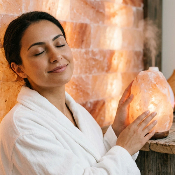 A woman in a white robe rests against a glowing salt wall while holding a lit Himalayan salt lamp on a wooden table.